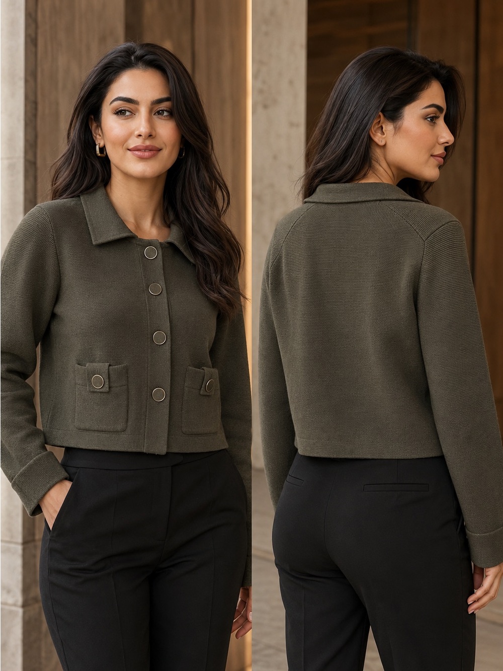 Women’s Olive Green Wool Silk Blend Cropped Collared Cardigan Jacket
